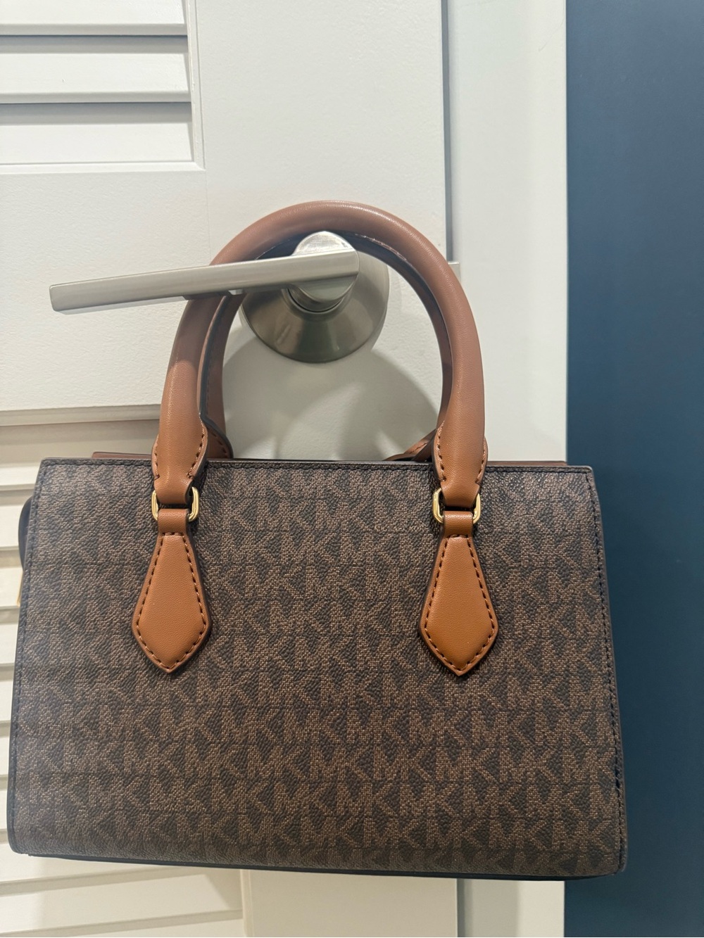 Michael Kors Brown and Tan Logo Satchel with Gold Hardware - Picture 3 of 7
